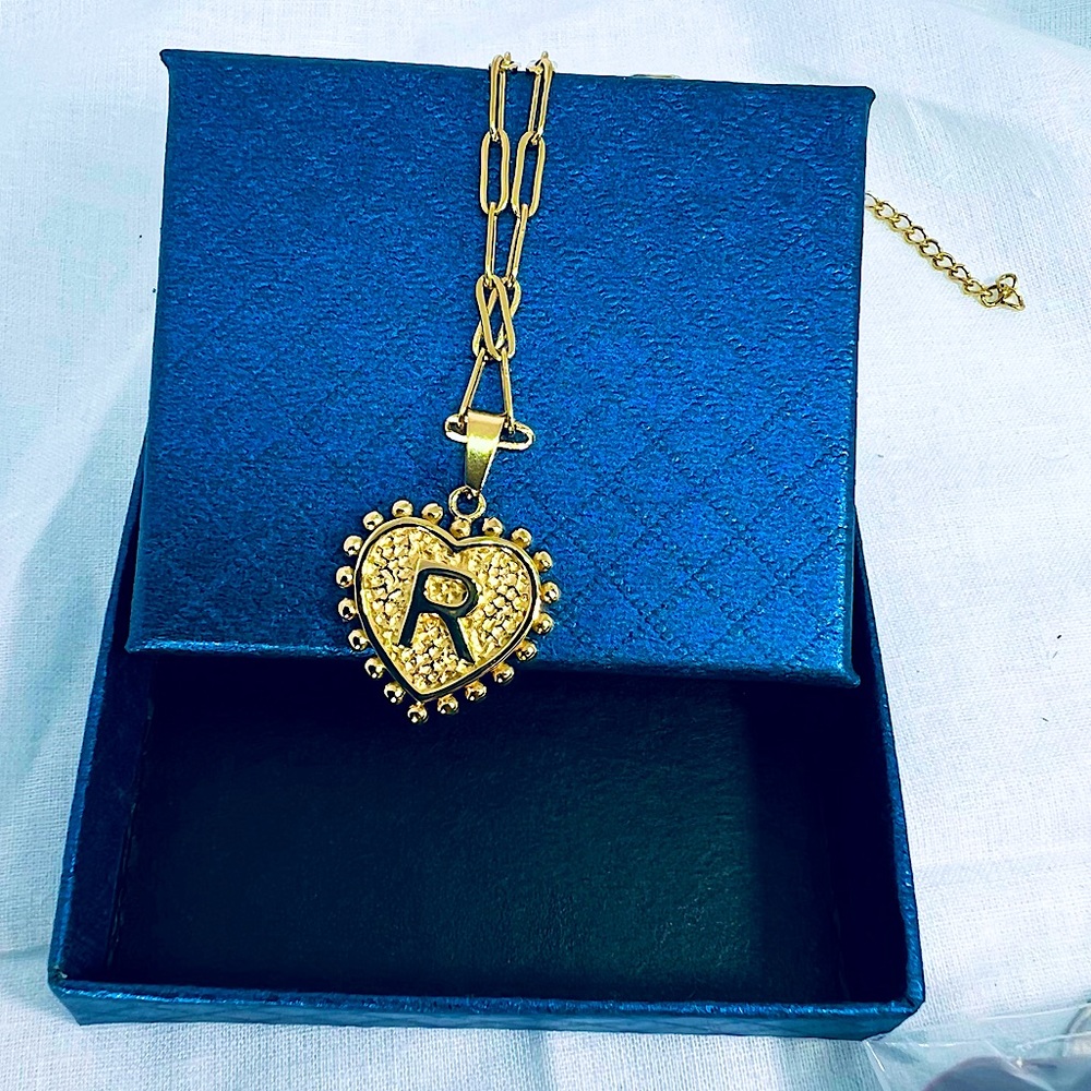 Unisex Custom 14K Gold P Layers Heart Initial Personalized R Necklace